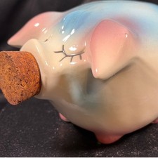 Vintage Mid Century Ceramic Piggy Bank Hand Painted Blue Pink Cork Snout 6in picture