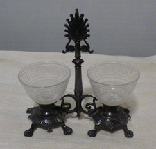 REPAIRED* Ornate Vintage Antique Salt Cellar Stand w Metal Frame 2 Dishes Bowls picture