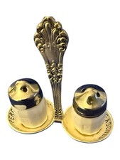 VTG ceramic salt & Pepper mini shaker set Silver plated set cap & maching ornate picture