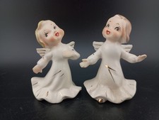 2 Ceramic Dancing Angels Figurines 50s Hand Painted Japan Christmas MCM w Gold picture