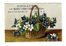 c1890's Trade Card Dugan's, Hats Are The Best, Basket of Flowers, Troy, N.Y. picture