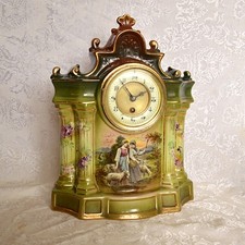 ANTIQUE FRENCH PORCELAIN TIME ONLY MANTEL CLOCK WITH PASTORAL SCENE. SERVICED picture