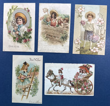 5 Nice Children Greetings Antique Postcards. Drawn. EMB, Gold. Flowers. 1906-08 picture