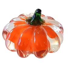 Vintage Crystal Clear Pumpkin Paperweight Orange & Clear Glass 5