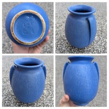 (c. 1940) Ohio George RumRill Pottery Blue Glazed Deco Ceramic Vase 7.25” x 5