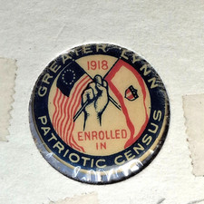 1918 WWI Greater Lynn MA Patriotic Census Pinback Button Vintage Massachusetts picture