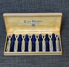 Set/8 Vintage Kirsten Pipe Co Corn Holders Silver-Tone Duralumin in Velvet Case picture