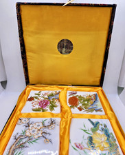 4 Vintage Hand Painted Coasters Porcelain Flowers, Yi Lin Arts Decorative Box picture