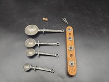 Vintage Crosby & Taylor Celtic Pewter 4 Pc Measuring Spoons Set + Wooden Hanger picture