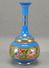 Antique Bohemian Enameled Floral & Gold Beaded Blue Cased White Perfume Bottle picture
