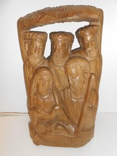 Vintage Hand Carved Teak Nativity Scene Wall Plaque Holy Family, 3 Kings signed picture