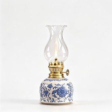 Blue And White Porcelain Oil Lamp, Ceramic Kerosene Lantern With Glass Chimney picture