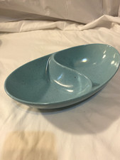 Vintage Handmade Ceramic Blue Oval Divided Serving Relish Dish Bowl Mid Century. picture