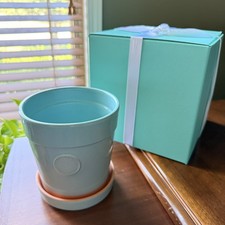 TIFFANY & CO. Glazed Terra Cotta Planter w Saucer Blue Ceramic Flower Pot NEW picture