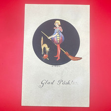 Early 1900’s Vtg  Glad Påsk Cat & Girl Witch Postcard used picture