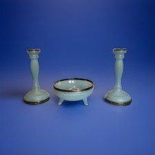 Fostoria For Indiana Glass Co Duchess Tiara Pale Blue and Black Candlesticks picture