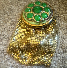  1920 Gold Tone coin purse  Mirror w/ Green Cabochon Stones & Metal Mesh picture