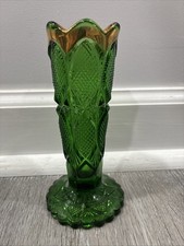 Vtg US Glass EAPG Delaware Emerald Green Glass Vase Gold Trim Flowers 6” Antique picture