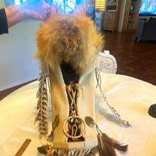 Native American Style Feathered Leather baby carrier, Wall Hanging w/ Beads, Fur picture