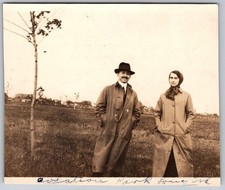 Vtg B&W Snapshot Aviation Park Long Island Couple Trench Coats Fedora 1913 RPPC picture