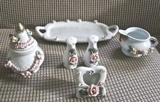 Vtg 7PC Porcelain Capodimonte Look Creamer Sugar/Cover, Salt/Pepper Frame, Tray  picture