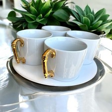 Starbucks By Rosanna White Porcelain Coffee Tea Mug Baroque Gold Handle Set Of 4 picture