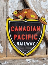 VINTAGE CANADIAN PACIFIC PORCELAIN SIGN OLD CANADA TRAIN RAILWAY RAILROAD SHIELD picture