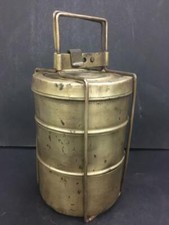 VINTAGE OLD HANDCRAFTED UNIQUE SHAPE 3 COMPARTMENT RARE BRASS TIFFIN, LUNCH BOX picture