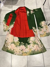 Vintage Japanese Kimono Robe Green Floral Bird Red Lined 62