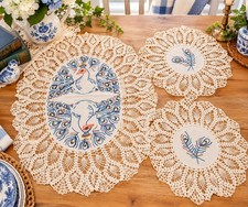 Vtg 1950–1954 Handmade Crochet & Hand-Embroidered Peacock 3-Piece Doily Set picture