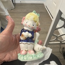 Hand Painted Ceramic Girl Figurine with Goose Glossy Finish Multicolor Small picture