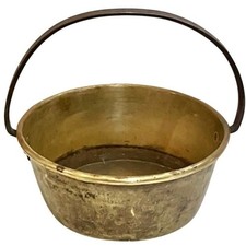 Antique 18th C Brass Cooking Kettle Iron Bail Handle Primitive Folk Camp Pot picture