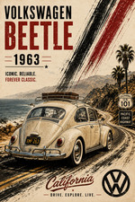 1963 Volkswagen Beetle California Highway Poster Vintage VW Wall Art 13x19 picture