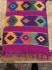 Vtg Fuchsia +8 Geometric Hand Loomed Table Runner~Cotton~Fringe~Southwest~58” picture