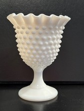 VTG White Milk Glass Hobnail Pedestal Compote Candy Dish Ruffled Edge 5.5
