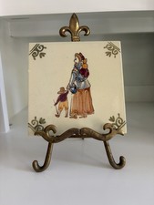 Vintage Hand Painted Ceramic Art Tile European Folk Art Mother Child Stamp 79*** picture