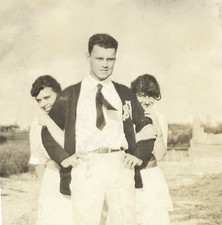 EDWARDIAN STUD MUFFIN Vintage Old Photo Handsome Man Jock with Two Women Holding picture