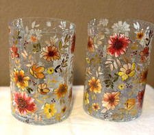 Vintage Yankee Crackle Glass Floral Hurricane Candle Holder Set of 2 Fall Floral picture