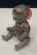 Antique Bisque Jointed Dollhouse Miniature Baby 2.75” Black Red Ribbons Japan picture