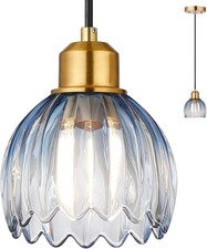 Blue Glass Pendant Light, Vintage Hanging Light with Tulip Lampshade picture