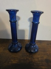 Vintage Cobalt Blue Glass Candlestick Holders Pair 8