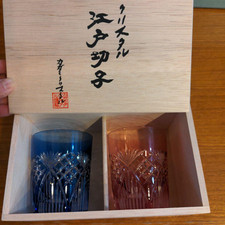 Kagami Crystal Edo Kiriko Rock Glass Pair Set Blue Pink Japan Whiskey Tumbler picture