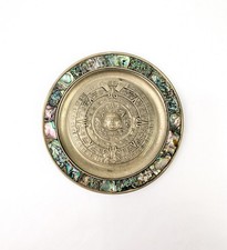 Vtg Mexican Alpaca Metal Silver & Abalone Shell Decorative Aztec Calendar Plate picture