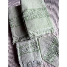 Vintage 70s Cannon Monticello Green Floral MCM Fringed Hand Towel Washcloth Set picture