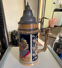 Vintage German Style Beer Stein Hinged Pewter Lid Hand Painted Relief Scene picture