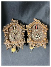 Pair 2 Vintage Lux Cuckoo Wall Clocks Waterbury Conn Metal Back Carved Wood Fron picture