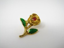 Vintage Rose Brooch Pin Gold Tone Green Enamel Red Rhinestone Center Flower picture