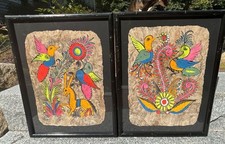 Vintage Mexican Folk Art Amate Bark Painting Framed Set picture