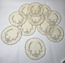 VTG Marghab Linen Wheat Hand Embroidered Scalloped Round Mats Coasters Set 11 picture