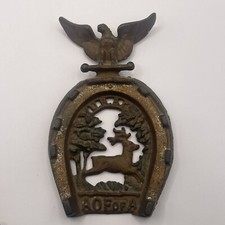 Antique Cast Iron Horseshoe Running Deer With  Eagle Fraternal Order A O F of A picture